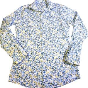Bar III Button Down Shirt Small S Blue Yellow Floral Slim Fit Organic Cotton